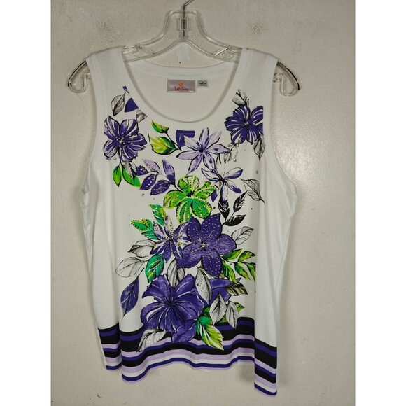 Vtg Quacker Factory Twin Set White Floral Tank Top Cardigan Set Size Large - Picture 5 of 9